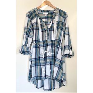 MOTHERHOOD MATERNITY Blue and Green Plaid Top Large
